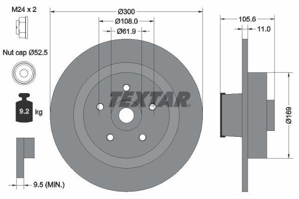 TEXTAR 92252900: Piduriketas Ø: 300mm, täis, Ø: 300mm, teljemutriga, koos integreeritud magnetilise anduriga, koos rattalaagriga, ilma rattakinnituspoltideta, koos rattakeskmega