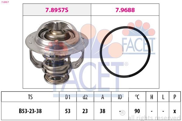 FACET 7.8957: Termostaat, Jahutusvedelik 90°C, 53mm, 23mm, koos tihendiga Made in Italy - OE Equivalent