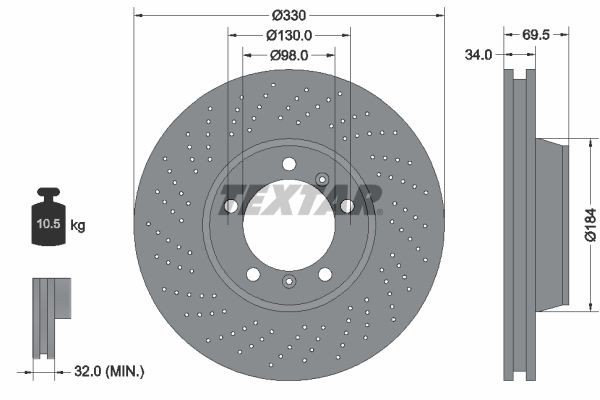 TEXTAR 92149907: Piduriketas Ø: 330mm, sisemine õhutus, perforeeritud, Ø: 330mm, kaetud, ilma rattakeskmeta, ilma rattalaagrita, ilma rattakinnituspoltideta PRO+