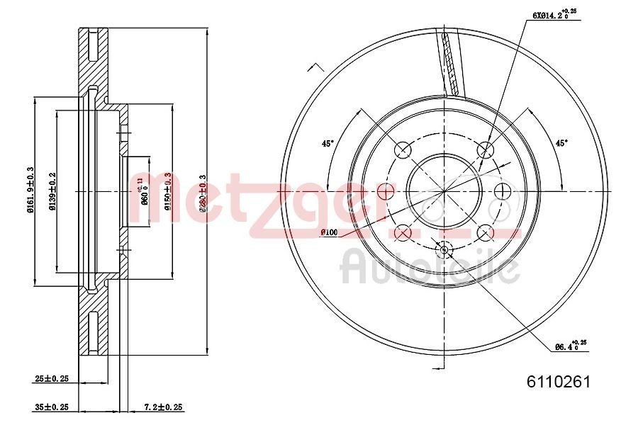 METZGER 6110261: Piduriketas esisild vasakul, esisild paremal, Ø: 280mm, sisemine õhutus, Ø: 280mm, värvitud, Ristlihvimine, koos kruvidega