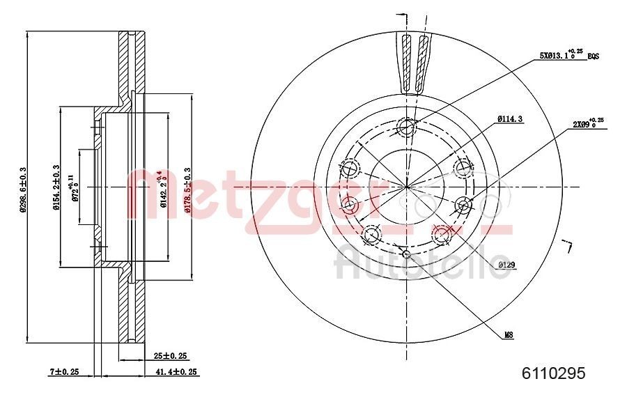 METZGER 6110295: Piduriketas esisild vasakul, esisild paremal, Ø: 299mm, sisemine õhutus, Ø: 299mm, värvitud, Ristlihvimine