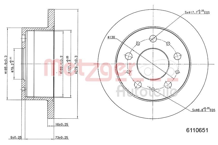 METZGER 6110651: Piduriketas Tagasild, Ø: 280mm, täis, Ø: 280mm, värvitud, Ristlihvimine