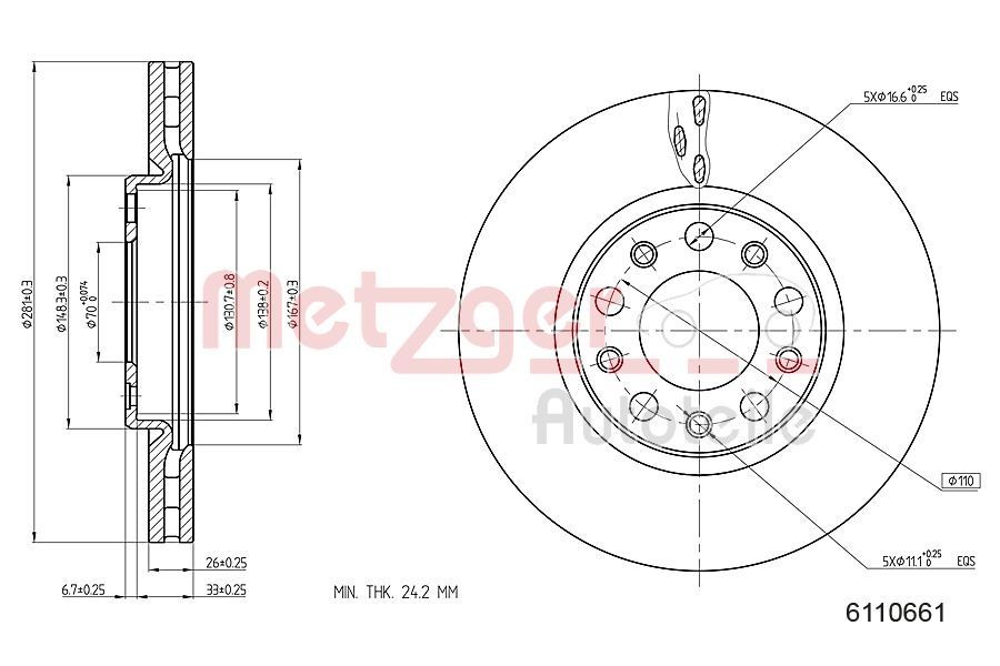 METZGER 6110661: Piduriketas esisild vasakul, esisild paremal, Ø: 281mm, sisemine õhutus, Ø: 281mm, värvitud, Ristlihvimine, koos kruvidega