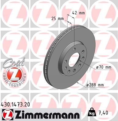 ZIMMERMANN 430.1473.20: Stabdžių diskas Ø: 288mm, vidinis ventiliavimas, Ø: 288mm, padengta COAT Z