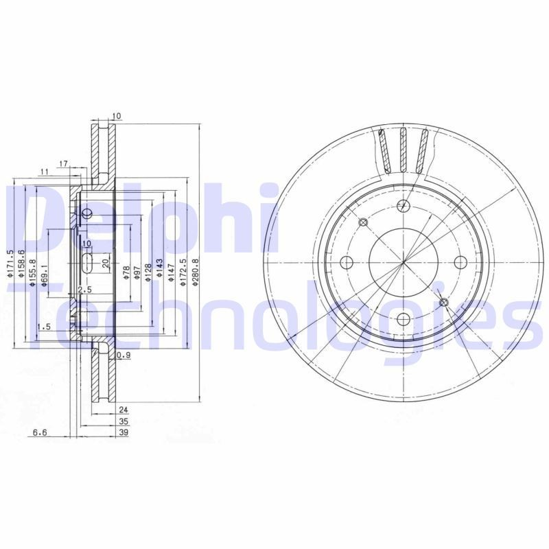 DELPHI BG3501C: Piduriketas Ø: 281mm, õhutusega, Ø: 281mm, kaetud
