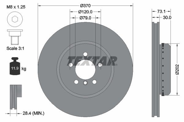 TEXTAR 92265325: Disc de frână Ř: 370mm, ventilat interior, disc de frână din două părți, Ř: 370mm, acoperit (cu un strat protector), fara butuc roata, fara rulment roata, fara suruburi de fixare roata, cu suruburi, epad