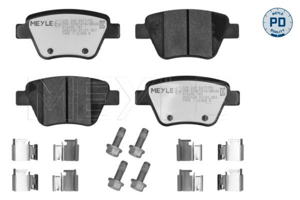 MEYLE 025 245 6317/PD: Plăcuțe de frână puntea spate, cu acceasorii, cu suruburi etrier, cu tabla anti scartait, MEYLE-PD Quality