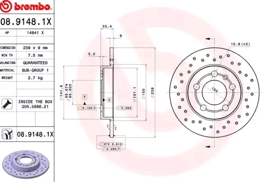 BREMBO 08.9148.1X: Piduriketas Ø: 239mm, täis, perforeeritud, Ø: 239mm, kaetud, koos kruvidega XTRA LINE
