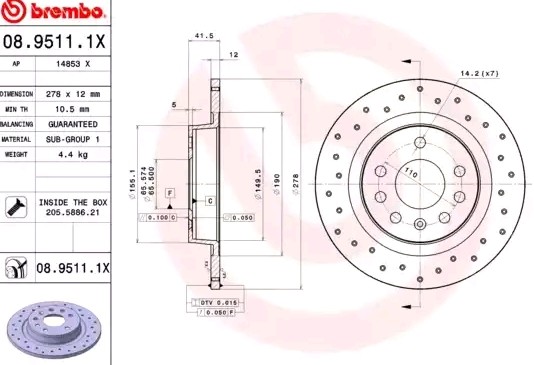 BREMBO 08.9511.1X: Piduriketas Ø: 278mm, täis, perforeeritud, Ø: 278mm, kaetud, koos kruvidega XTRA LINE