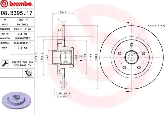 BREMBO 08.B395.17: Piduriketas Ø: 274mm, täis, Ø: 274mm, koos rattalaagri komplektiga, koos ABS-andurirõngaga BEARING DISC LINE