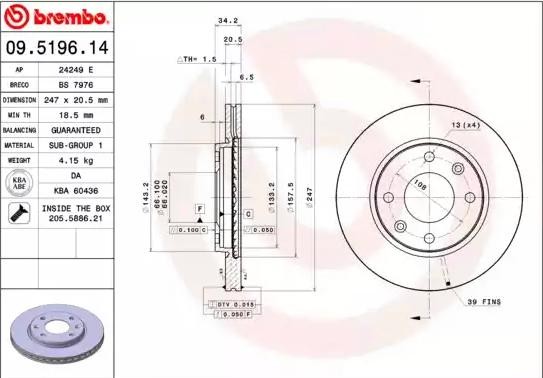 BREMBO 09.5196.11: Piduriketas Ø: 247mm, sisemine õhutus, Ø: 247mm, kaetud, koos kruvidega COATED DISC LINE