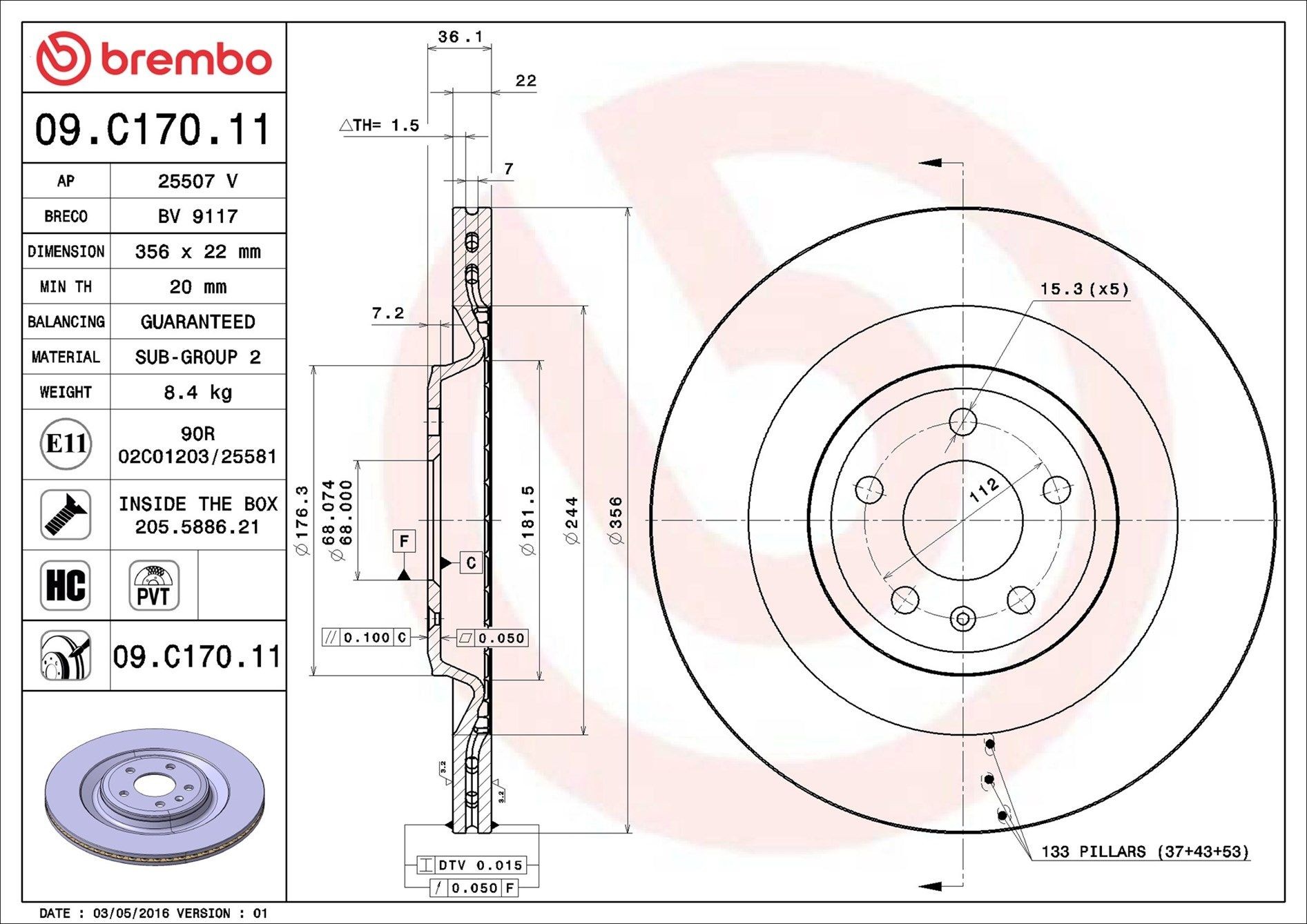 BREMBO 09.C170.11: Piduriketas Ø: 356mm, sisemine õhutus, Ø: 356mm, kaetud, koos kruvidega COATED DISC LINE