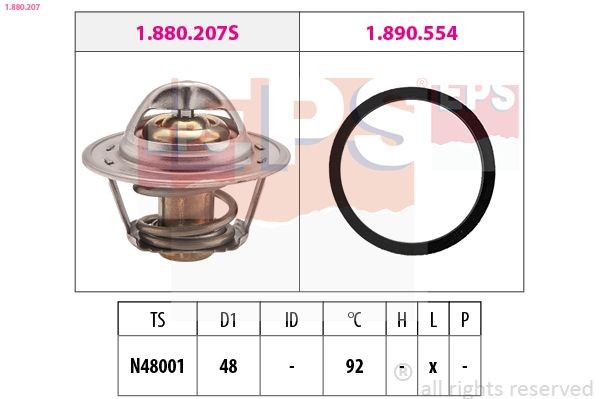 EPS 1.880.207: Termostaat, Jahutusvedelik 92°C, 48mm, koos tihendiga, Made in Italy - OE Equivalent