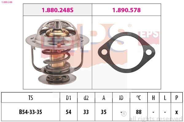 EPS 1.880.248: Termostaat, Jahutusvedelik 88°C, 54mm, 33mm, koos tihendiga, Made in Italy - OE Equivalent