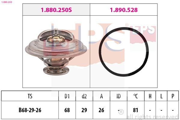 EPS 1.880.250: Termostaat, Jahutusvedelik 81°C, 68mm, 29mm, koos tihendiga, Made in Italy - OE Equivalent