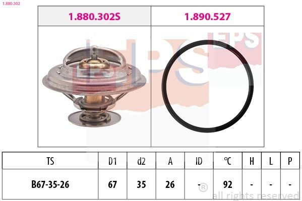 EPS 1.880.302: Termostaat, Jahutusvedelik 92°C, 67mm, 35mm, koos tihendiga, Made in Italy - OE Equivalent