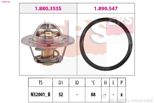 EPS 1.880.355: Thermostaat, koelvloeistof 88°C, 52mm, Met pakking, Made in Italy - OE Equivalent