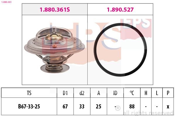 EPS 1.880.361: Termostaat, Jahutusvedelik 88°C, 67mm, 33mm, koos tihendiga, Made in Italy - OE Equivalent