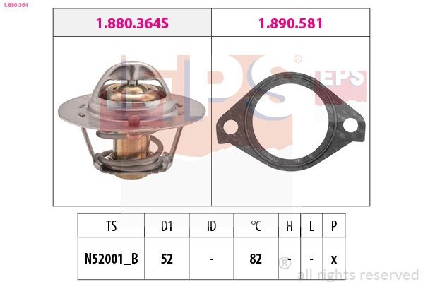 EPS 1.880.364: Termostaat, Jahutusvedelik 82°C, 52mm, koos tihendiga, Made in Italy - OE Equivalent