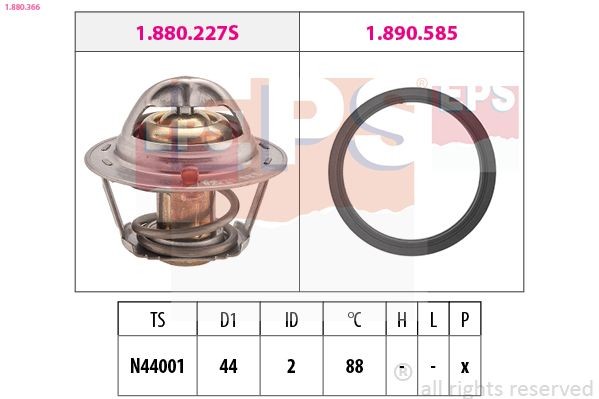 EPS 1.880.366: Termostat, lichid racire 88°C, 44mm, cu etansare, Made in Italy - OE Equivalent
