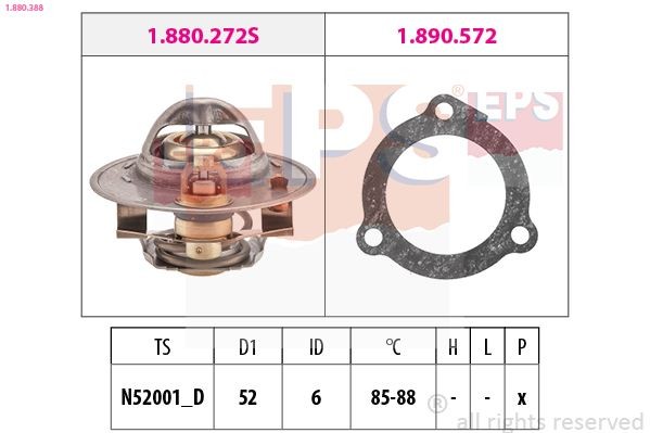 EPS 1.880.388: Termostaat, Jahutusvedelik 85, 88°C, 52mm, koos tihendiga, Made in Italy - OE Equivalent
