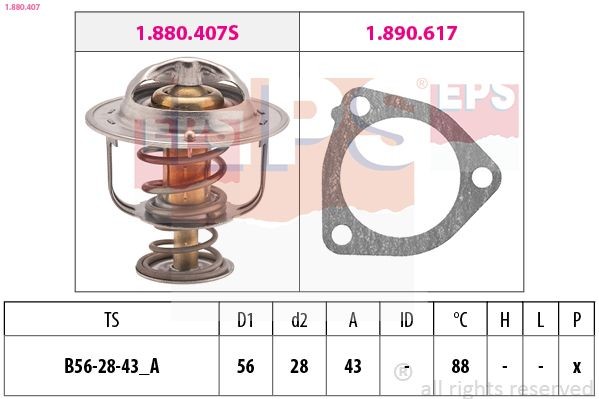 EPS 1.880.407: Thermostaat, koelvloeistof 88°C, 56mm, 28mm, Met pakking, Made in Italy - OE Equivalent