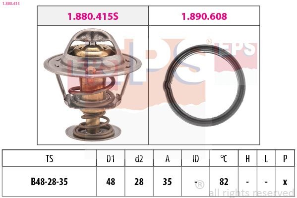 EPS 1.880.415: Termostaat, Jahutusvedelik 82°C, 48mm, 28mm, koos tihendiga, Made in Italy - OE Equivalent