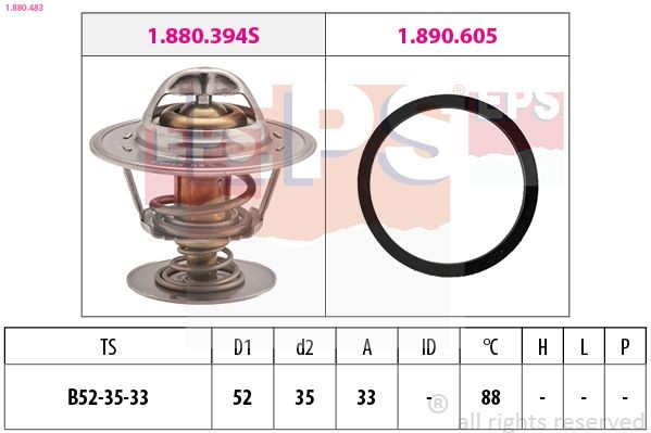EPS 1.880.483: Termostaat, Jahutusvedelik 88°C, 52mm, 35mm, koos tihendiga, Made in Italy - OE Equivalent