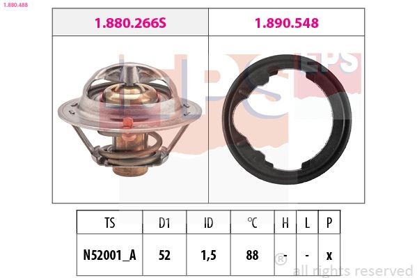 EPS 1.880.488: Termostaat, Jahutusvedelik 88°C, 52mm, koos tihendiga, Made in Italy - OE Equivalent