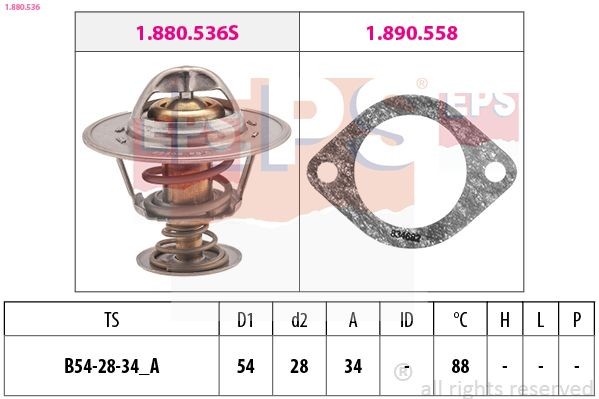 EPS 1.880.536: Termostaat, Jahutusvedelik 88°C, 54mm, 28mm, koos tihendiga, Made in Italy - OE Equivalent