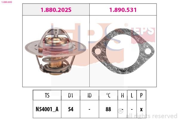 EPS 1.880.600: Termostaat, Jahutusvedelik 88°C, 54mm, koos tihendiga, Made in Italy - OE Equivalent