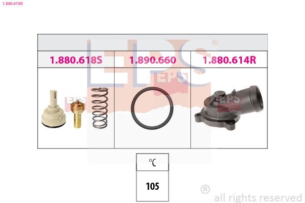 EPS 1.880.619K: Termostaat, Jahutusvedelik 105°C, ühendusdetailidega, Made in Italy - OE Equivalent