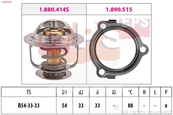 EPS 1.880.633: Termostaat, Jahutusvedelik 88°C, 54mm, 33mm, koos tihendiga, Made in Italy - OE Equivalent