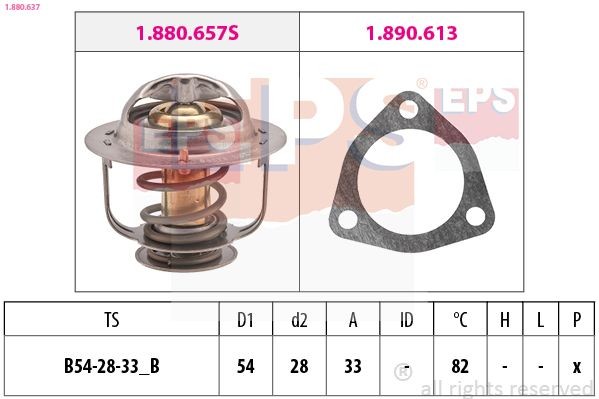 EPS 1.880.637: Termostaat, Jahutusvedelik 82°C, 54mm, 28mm, koos tihendiga, Made in Italy - OE Equivalent