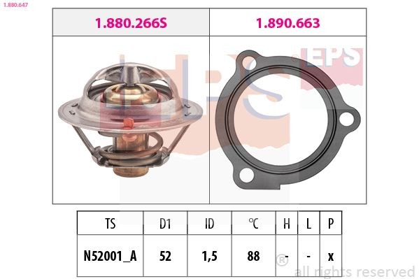 EPS 1.880.647: Termostaat, Jahutusvedelik 88°C, 52mm, koos tihendiga, Made in Italy - OE Equivalent