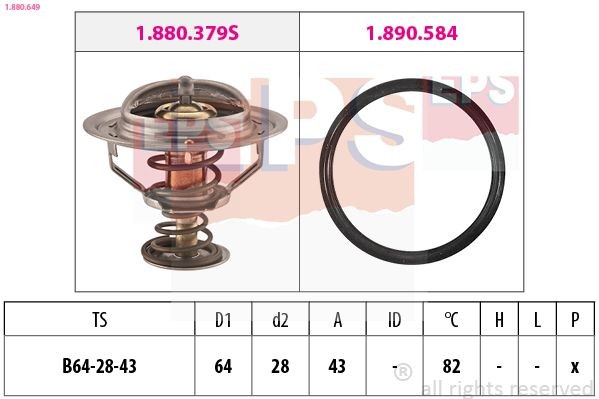 EPS 1.880.649: Termostaat, Jahutusvedelik 82°C, 64mm, 28mm, koos tihendiga, Made in Italy - OE Equivalent
