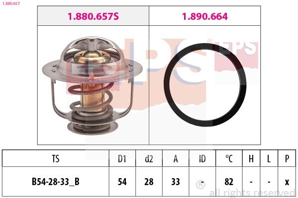 EPS 1.880.657: Termostaat, Jahutusvedelik 82°C, 54mm, 28mm, koos tihendiga, Made in Italy - OE Equivalent