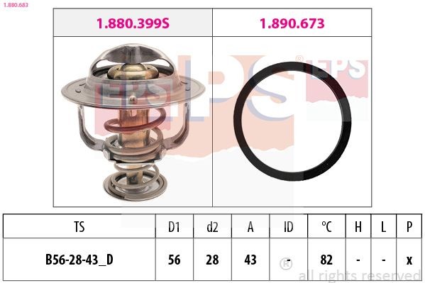 EPS 1.880.683: Termostaat, Jahutusvedelik 82°C, 56mm, 28mm, koos tihendiga, Made in Italy - OE Equivalent