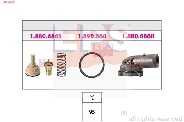 EPS 1.880.686K: Termostaat, Jahutusvedelik 95°C, ühendusdetailidega, Made in Italy - OE Equivalent