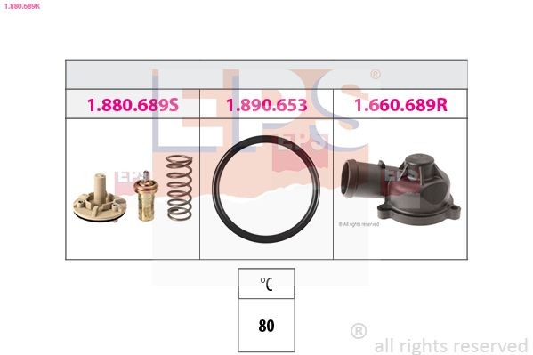 EPS 1.880.689K: Termostaat, Jahutusvedelik 80°C, ühendusdetailidega, Made in Italy - OE Equivalent