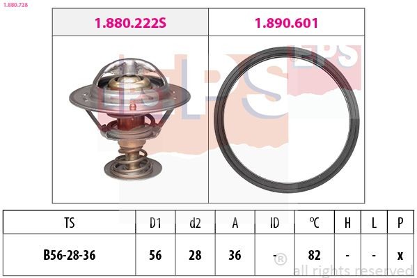 EPS 1.880.728: Termostaat, Jahutusvedelik 82°C, 56mm, 28mm, koos tihendiga, Made in Italy - OE Equivalent
