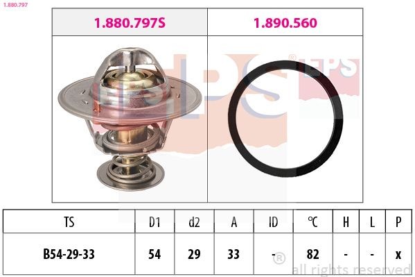EPS 1.880.797: Thermostat d'eau 82°C, 54mm, 29mm, avec joint d'étanchéite, Made in Italy - OE Equivalent
