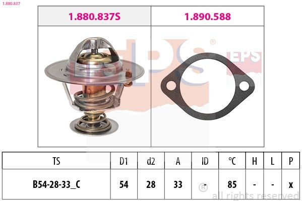 EPS 1.880.837: Termostaat, Jahutusvedelik 85°C, 54mm, 28mm, koos tihendiga, Made in Italy - OE Equivalent