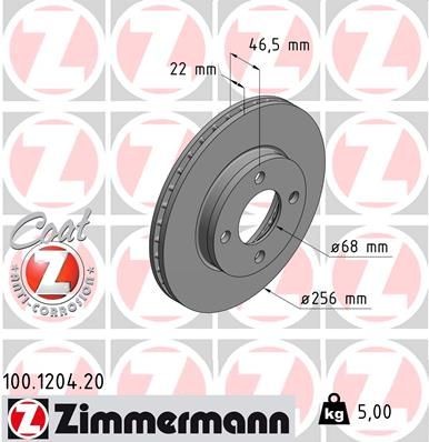 ZIMMERMANN 100.1204.20: Piduriketas Ø: 256mm, sisemine õhutus, Ø: 256mm, kaetud COAT Z
