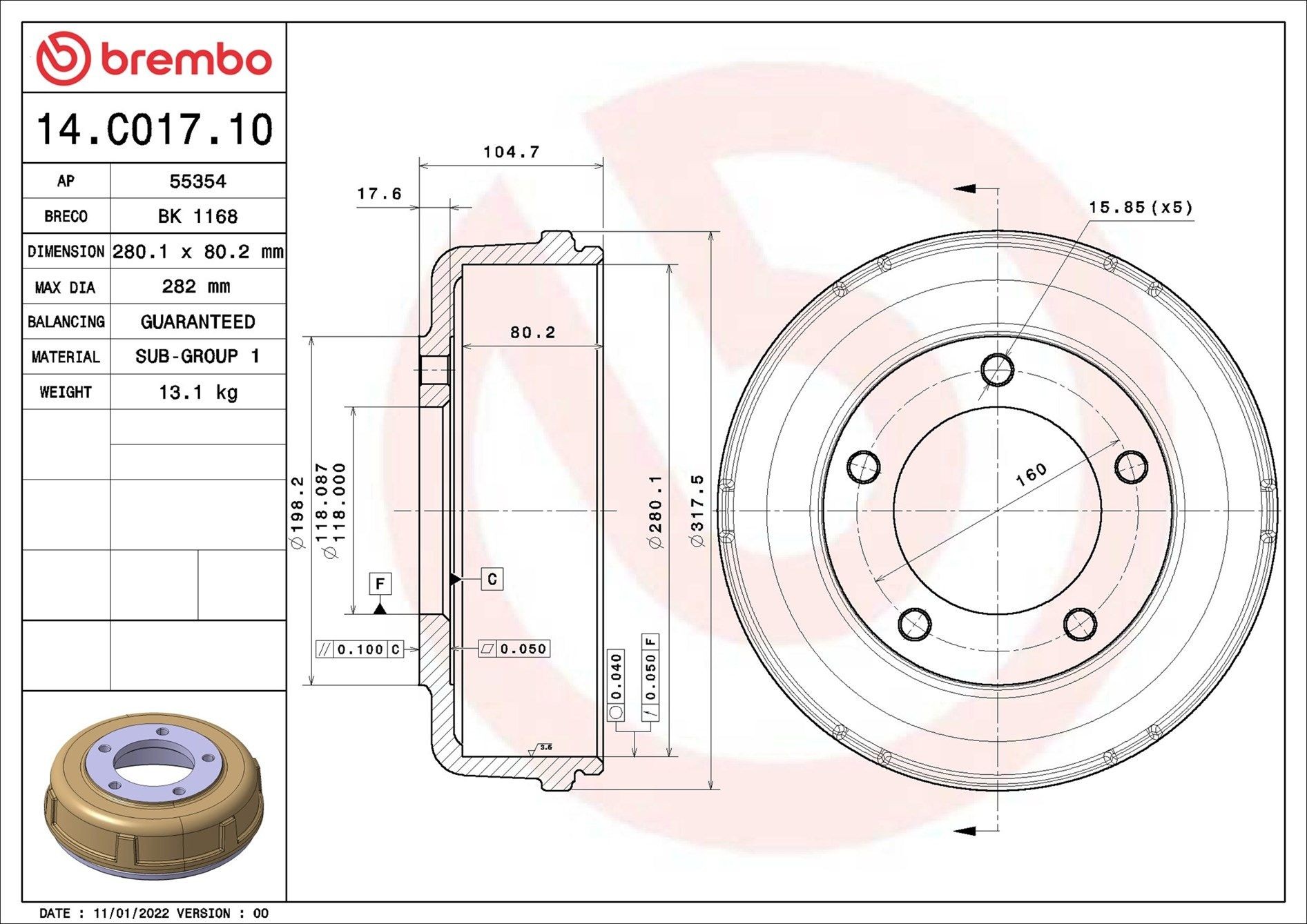 BREMBO 14.C017.10: Tambur frana ESSENTIAL LINE 280mm