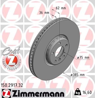 ZIMMERMANN 150.2917.32: Piduriketas Ø: 385mm, sisemine õhutus, kaheosaline piduriketas, Alumiiniumist pidurikettakamber, Ø: 385mm, kaetud FORMULA F COAT Z