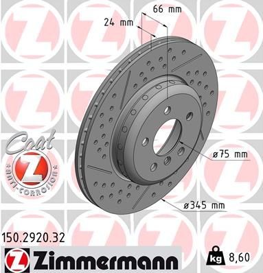 ZIMMERMANN 150.2920.32: Piduriketas Ø: 345mm, sisemine õhutus, piludega, kaldu, kaheosaline piduriketas, Alumiiniumist pidurikettakamber, Ø: 345mm, kaetud FORMULA F COAT Z