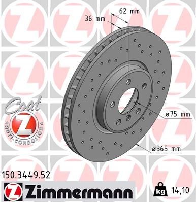 ZIMMERMANN 150.3449.52: Disc de frână Ř: 365mm, ventilat interior, perforat, Ř: 365mm, acoperit (cu un strat protector) SPORT COAT Z