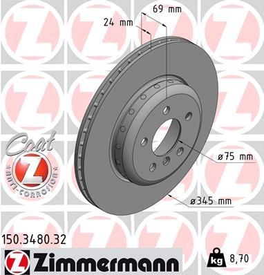 ZIMMERMANN 150.3480.32: Piduriketas Ø: 345mm, sisemine õhutus, kaheosaline piduriketas, Alumiiniumist pidurikettakamber, Ø: 345mm, kaetud FORMULA F COAT Z