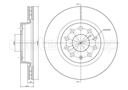 METELLI 23-0733C: Piduriketas Ø: 280,0mm, õhutusega, Ø: 280,0mm, värvitud